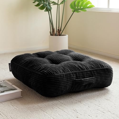 HIGOGOGO 6" Washable Floor Pillow Cushion for Adults, Meditation Cushion Pillow, Large Square Floor Sitting, Removable Tufted Corduroy Cover, for Tatami Living Room or Yoga, 22x22 Inch,Black