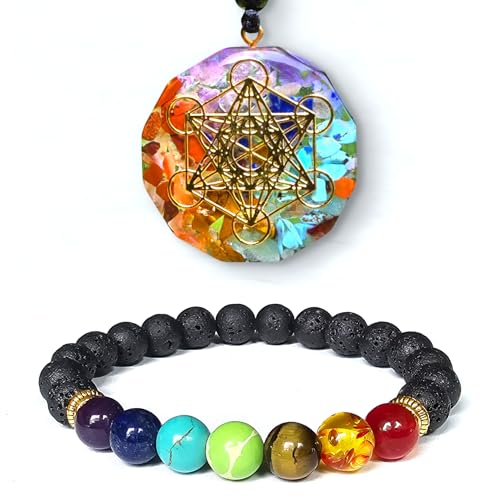 7 Chakra Lava Bracelet and Orgone Pendant Necklace with Adjustable Cord Healing Set – Chakra Jewelry Set for Women & Men for Spiritual Healing