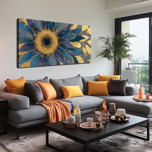 JuhaiArt Gold Wall Decor Blue Floral Wall Picture Canvas Sunflower Abstract Flower Wall Art for Living Room Bedroom Home Office 24" x 48" - color: Gold Blue, size: 48"L x 24"W