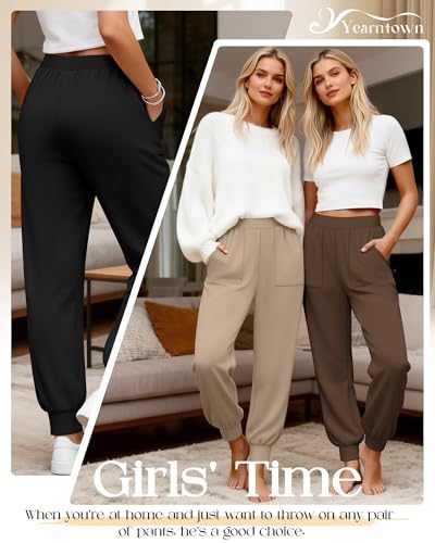 3 Pack Women's Lounge Pants Yoga High Waist Sweatpants Workout Lightweight Casual Joggers Comfy Pajama with Pockets - color: Black, Brown, Khaki, size: Large