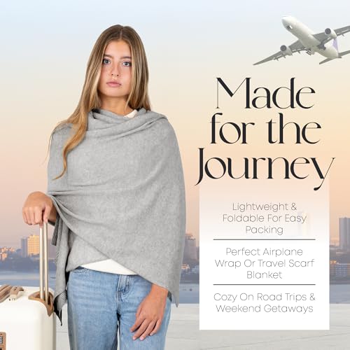 Velanio Cashmere Luxury Knitted Wrap Travel Shawl Scarf, Pashmina Stole, All-Season Scarf for Women Cashmere Wool Blend - color: Silver Grey