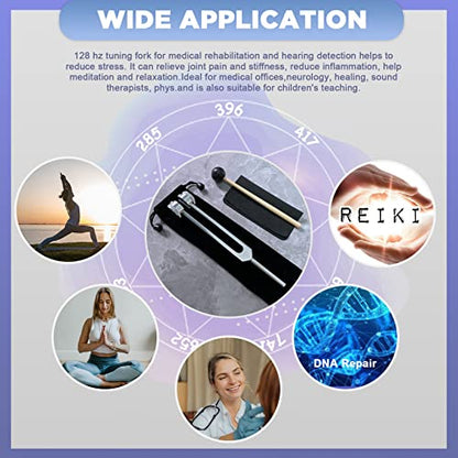 128 Hz Tuning Fork Weights Aluminum Clinical Grade Nerve/Sensory with Black Silicone Hammer, Cleaning Cloth and Felt Case, Non-Magnetic Aluminum Alloy