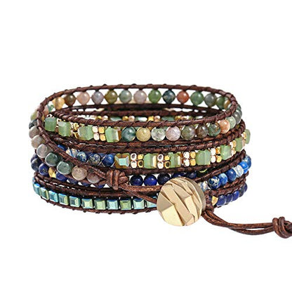 Plumiss Women Boho Handmade Natural Stone Crystal Leather Bead Wrap Bracelets Collection - style: Green Blue Jasper 5W