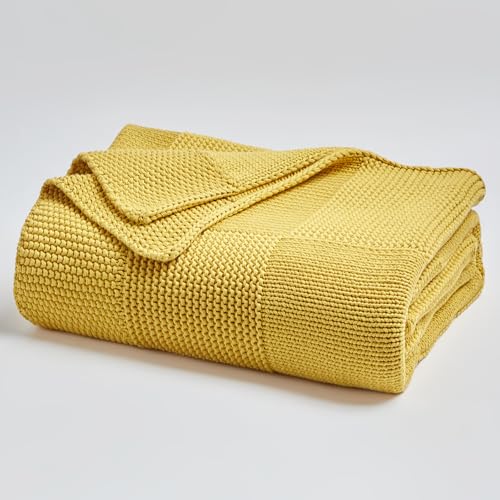 Longhui bedding 100% Cotton Chunky Cable Knit Throw Blanket for Sofa Couch Bed Baby Nursery, Farmhouse Chessboard Grid Woven Blanket with Bonus Laundering Bag, 51 x 63 Inches, Mustard Yellow - color: Mustard Yellow, size: 51” x 63”