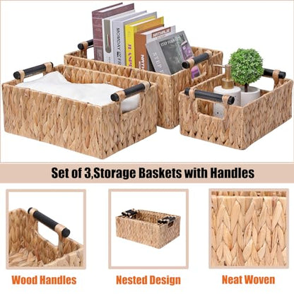 Storage Baskets 3 Pack Storage Baskets for Organizing Toys,Handwoven Storage Bins for Nursery,Natural Water Hyacinth Baskets for Organizing with Wooden Handles
