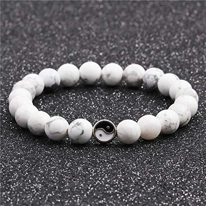 Fashion Men Women Taiji Yin Yang Feng Shui Charm Bracelet Natural White Turquoise and Black Beaded Couple Bracelets Friendship Distance Bracelet Jewelry - color: White Black