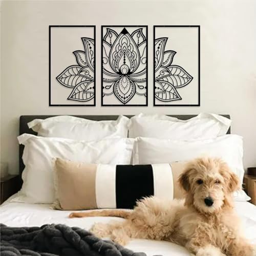 ESTART 3 Pcs Lotus Flower Metal Wall Art Decor, Religion Faith Mandala Home Wall Decoration for Living Room, Bedroom, Bathroom, Office and Yoga Room Hanging Decor (Black) - color: Black, size: 32L" x 17W"
