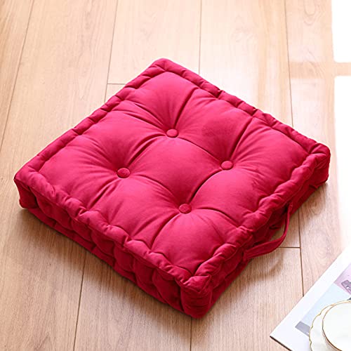 Vintage Square Velvet Floor Cushion, Tufted Thick Seating Cushion with Carrying Handle, Patio Meditation Pillow Tatami Chair Pads, 18"x18"x3.9", Rose Red - color: S-rose Red