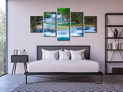Wieco Art Peaceful Waterfall 5 Panels Large Canvas Paintings Wall Art Modern Gallery Wrapped Landscape Forest Giclee Canvas Print Artwork Photo Pictures for Living Room Bedroom Home Decorations L - size: 12x16inchx2pcs,12x24inchx2pcs,12x32inchx1pc