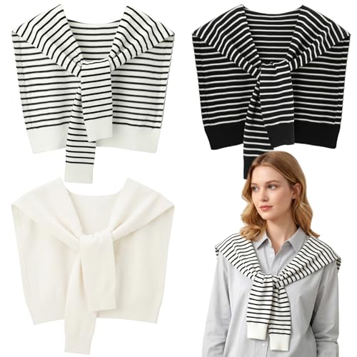 Janmercy 3 Pack Sweater Shawl Wraps for Women Knitted Striped Casual Shawls Knotted Scarves Bulk Cape Shoulder Fashion Wrap - color: Black White Striped