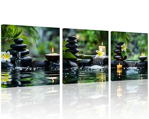 TutuBeer 3 Panels Zen Wall Art Zen Pictures for Bathroom Spa Stone Green Bamboo White Frangipani Flower Pictures Print on Canvas for Home Office Kitchen Wall Decor Stretched and Framed 12x12inchx3 - color: Green Zen, size: 12x12inchx3
