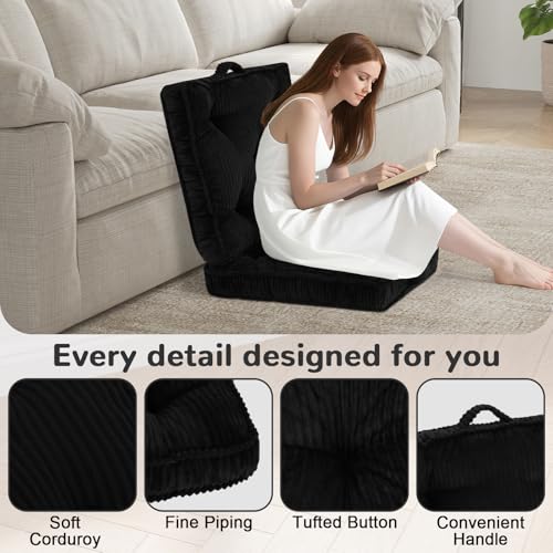 Meditation Floor Cushion Set of 2, 22x22 Tufted Floor Pillow for Adults, Square Large Meditation Cushion Pillow, Black Corduroy Sitting Pillow with Handle, Yoga Seating for Tatami