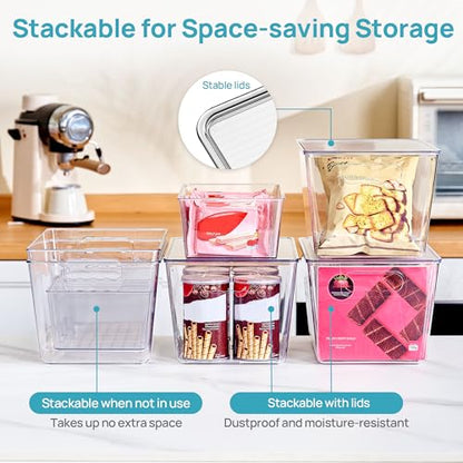Vtopmart 4+4 Pack Clear Plastic Storage Bins Set - 4 Large Pantry Organizer Bins with Lid and Handle + 4 Medium 4-Compartment Food Storage Bins for Pantry, Kitchen, Fridge, Cabinet Organization - style: 4 Larger with Lid+4 Medium