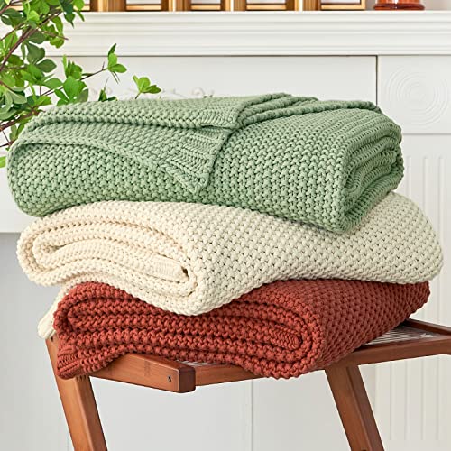 Chunky Cable Knit Throw Blanket Lightweight Rust 100% Organic Cotton Blanket for Sofa Couch Bed Baby Nursery, Rustic Shabby Chic Modern Farmhouse, 51” x 63” Give Laundering Bag - color: Rust, size: 51"x63", Standard