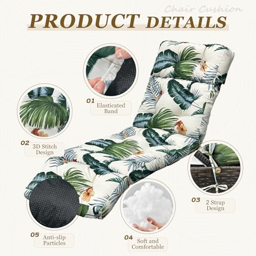 Outdoor Chaise Lounge Chair Cushion 75.1 x 23.6 x 4.7in, Waterproof Replacement Cotton Patio Thickened Pool Lounge Chair Cushion with Ties for Patio Outdoor Furniture,Hawaiian Flower - color: Hawaiian Flower