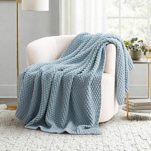 EVERGRACEHOME Chunky Chenille Knit Throw Blanket for Couch, Soft Luxurious Moss Stitch Blankets for Bed, Cozy Decorative Farmhouse Knitted Throws for Sofa, Chambray Blue, 50" x 60" - color: Chambray Blue, size: 50" X 60"