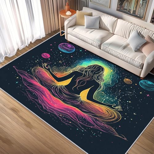 Galaxy Meditation Rug, Washable Neon Woman Yoga Area Rugs 3x5 - Boho Spiritual Carpet, Bedroom, Living Room, Home Decor, Soft, Non Slip, Non Shedding R&-E220 - color: Black, size: 3' x 5' (Rectangular)