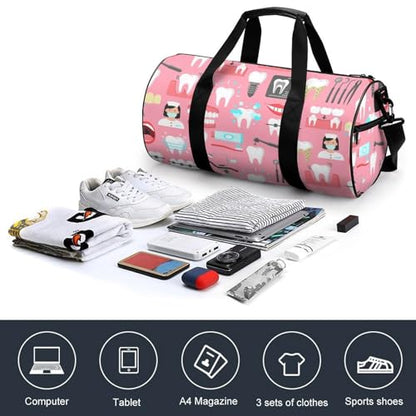 Teeth Dental Seamless Pattern Pink Cylindrical Portable Fitness Bag, Large Capacity Handbag - color: Teeth Dental Seamless Pattern Pink