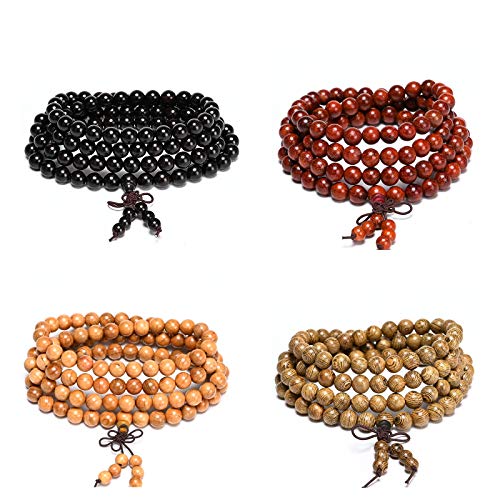 4pcs 108 Buddhist Natural Wooden Prayer Strand Bracelet Necklace Set Mala Meditation Spiritual for Women Men Unisex Rosary Jewelry