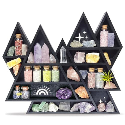 Mountain Crystal Shelf Display for Wall, Wooden Triangle Rock Gem Stone Storage Holder, Meditation Room Decor Spiritual Gift, Wall Hanging Organizer for Trinkets, Knick Knacks, Art Collections