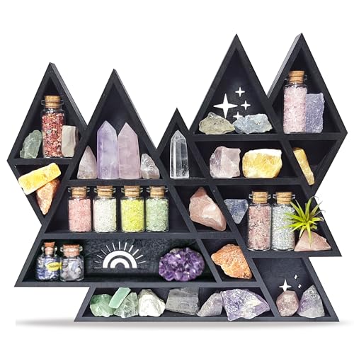 Mountain Crystal Shelf Display for Wall, Wooden Triangle Rock Gem Stone Storage Holder, Meditation Room Decor Spiritual Gift, Wall Hanging Organizer for Trinkets, Knick Knacks, Art Collections