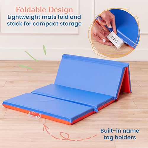 ECR4Kids Premium Folding Rest Mat, 4-Section, 2in, Sleeping Pad, Blue/Red