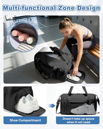 Gym Bag for Women,Travel Duffel Bag with Shoes Compartment Personal Item Carry On Overnight Bag for Mens Weekender Bag Training Handbag Sports Gym Tote Bag Yoga Bag Black - color: J1-Black