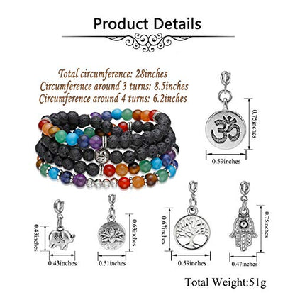 Jovivi 6mm Mala Beads 108/Lava Rock 7 Chakra Tree of Life/Hamsa/OM/Lotus/Elephant Charm Healing Crystal Bracelet Necklace