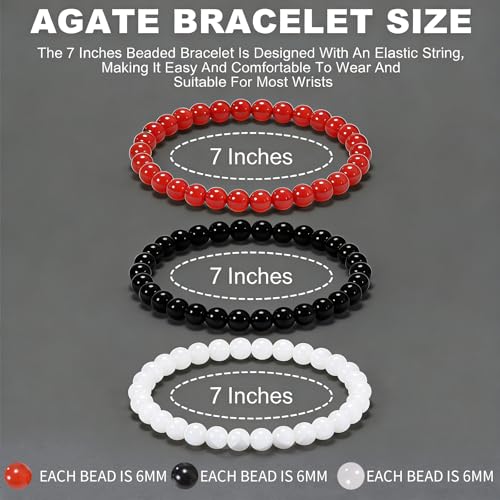 3PCS Agate Bracelet for Women Men Natural Round Beaded Agates Stone Healing Stretch Bracelets Elastic Handmade Polished Gemstone Beads Bracelet - color: Black+Red+White