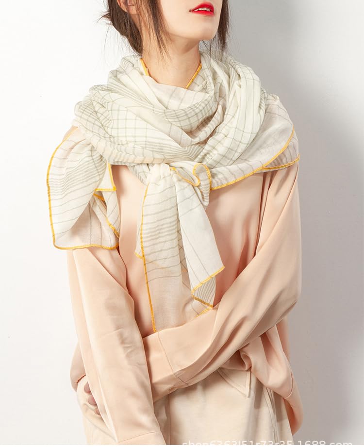 Luxury Cashmere Pashmina Style Shawl - Silk & Wool Blend Scarf, Lightweight Skin-Friendly Wrap - color: White + Gray (Checkered)