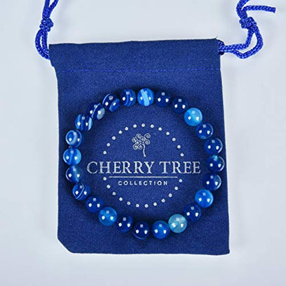 Cherry Tree Collection Gemstone Beaded Stretch Bracelet 8mm Round Beads 7" - color: Lace Agate - Blue