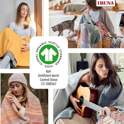 IBENA Reversible Organic Cotton Jacquard Woven Low Pile Velour Throw Blanket Stockholm- Rose Cottage