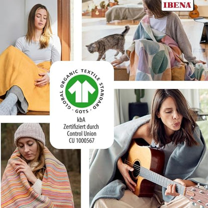 IBENA Reversible Organic Cotton Jacquard Woven Low Pile Velour Throw Blanket Stockholm- Rose Cottage