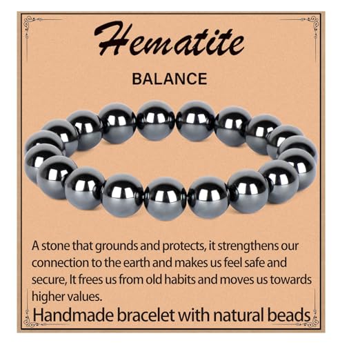 LPBeads Handmade Natural Gemstone Stretch Elastic Bracelet Healing Crystal Round Stone Beads Jewelry Gifts for Women Men - color: Hematite, size: 10mm
