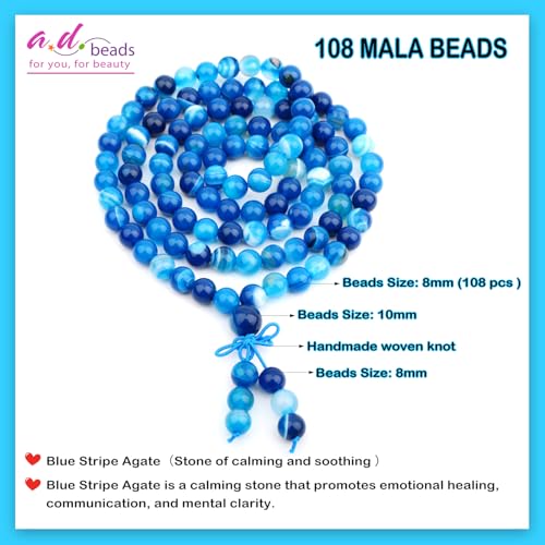 AD Beads 6mm 8mm 108 Prayer Mala Jasper Elastic Bracelet - Handmade Yoga Meditation Healing Power Energy Gifts for Unisex Adult. - color: Blue Stripe Agate(Soothing)
