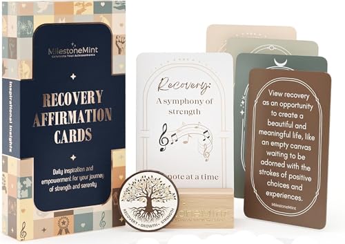 MilestoneMint Daily Affirmation Cards, 50 Positive Affirmation Cards Double Sided, Sobriety and Recovery Daily Mindset Prompts, Includes Sobriety Coin & Wooden Card Stand, Perfect Recovery Gift - size: 50 Cards Wooden Stand + Tree Coin