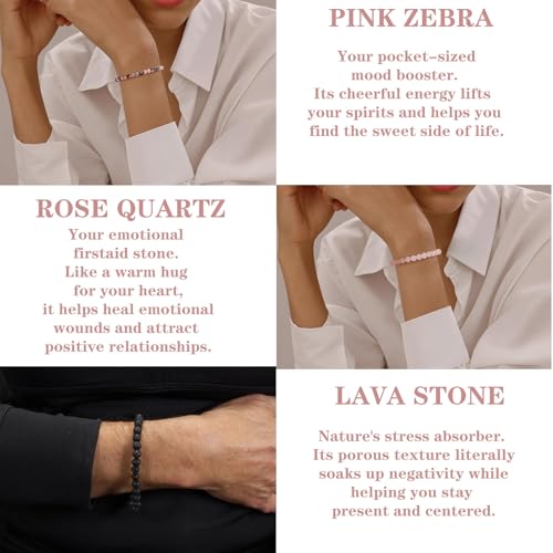 4mm 6mm 8mm Healing Crystal Bracelets for Women Men Natural Stone Beaded Stretch Bracelet Handmade Gemstone Reiki Spiritual Jewelry Gifts - color: Rose Quartz+Lava+Pink Zebra-Stress Relief, size: 6mm