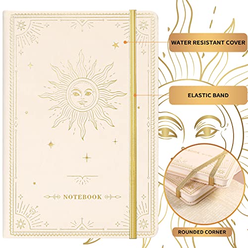 Ruled Notebook/Journal – Premium Thick Paper Faux Leather Classic Writing Notebook with Pocket + Page Dividers Gifts, Banded, Large, 144 Pages, Hard Cover, Lined (5.8 x 8.4) - White Sun Goddess - color: white