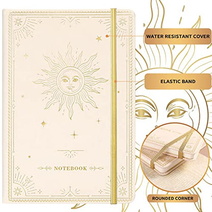 Ruled Notebook/Journal – Premium Thick Paper Faux Leather Classic Writing Notebook with Pocket + Page Dividers Gifts, Banded, Large, 144 Pages, Hard Cover, Lined (5.8 x 8.4) - White Sun Goddess - color: white