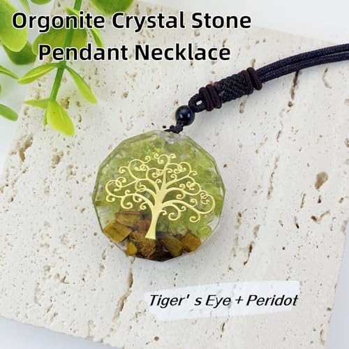 EDEN'S CALL Orgone Necklace, Tree of Life Orgonite Healing Crystal Stone Pendant Necklace for Spiritual Healing and Meditation Energy Talisman Sacred Geometry Tiger's Eye Necklaces - color: Clear Green/Peridot + Tiger's Eye