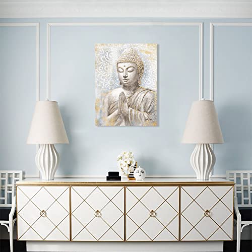 Gold Buddha Wall Art: Laughing Buddha Painting with Mandala Flower and Gold Leaf for Living Room, Bedroom, Yoga Room, Buddhist Meditation Room - 24"x32" - color: Smiling Golden Buddha, size: 24"x32"x1