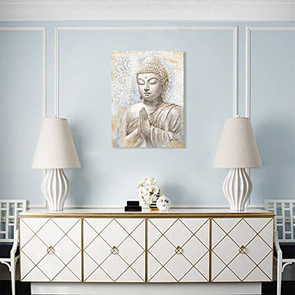 Gold Buddha Wall Art: Laughing Buddha Painting with Mandala Flower and Gold Leaf for Living Room, Bedroom, Yoga Room, Buddhist Meditation Room - 24"x32" - color: Smiling Golden Buddha, size: 24"x32"x1