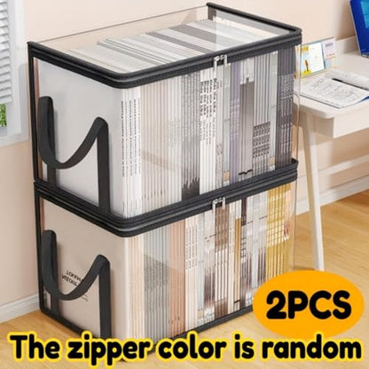 2 PCS Large Storage Transparent Box - Duty Space-180° Flip Cover Heavy, Saving Organizer for Books/Clothes/Documents (White) - color: White