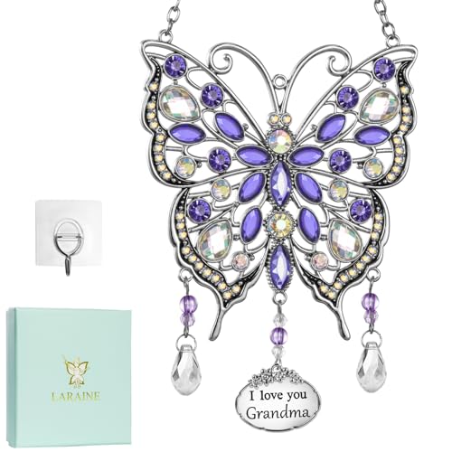 Butterfly Rhinestones Hanging Ornaments Charm Mom Mother's Day Butterfly Wind Chime Ornament Charm with Metal Heart Gifts for Mom Grandma Aunt Birthday (Purple, Grandma) - color: Purple, size: Grandma