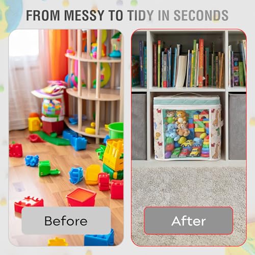 12" Soft Side Zipper Toy Storage Bag, Quilt Pattern Cloth Cube, Reusable, Clear Bag, Playroom, Bedroom & Puzzles Board Game Organizers And Storage Bin, Zoo & Animals Design - color: Zoo