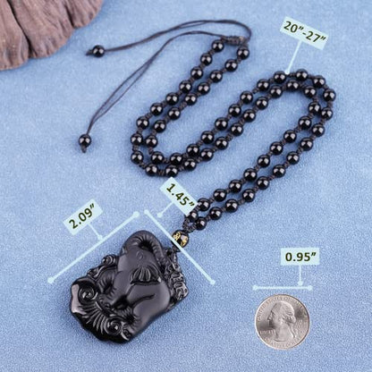 Black Obsidian Necklace Protection Pendant with Extended Bead Chain Healing Crystal Stone Amulet Necklace for Men Women - color: ElephantA