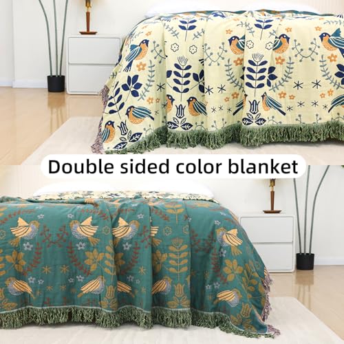 Boho Throw Blanket for Bed, 100% Pure Cotton Ultra Soft Rustic Quilt, Farmhouse Decor Bed Blankets, All Season Rustic Throw for Sofa Couch Chair(80''x 90'', Bird A)