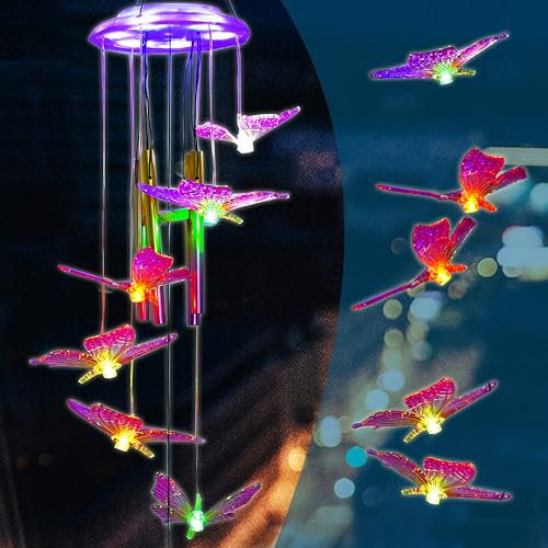 Outdoor Solar Wind Chime Decoration, Mother's Day Birthday Gifts for Grandma, Mom and Family, Outdoor Garden and Courtyard Wind Chime Accessories (Purple Butterfly) - color: Purple Butterfly