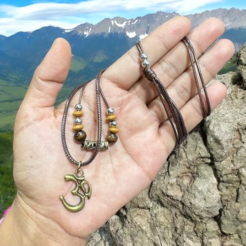Om Ohm Sanskrit Symbol Yoga Charm Om Symbol Luminous Necklace Chakra Healing Energy Necklace Meditation Jewelry Stainless Steel ,Brass Pendant Necklace Wood Beaded with Adjustable Black Cord Mens Womens
