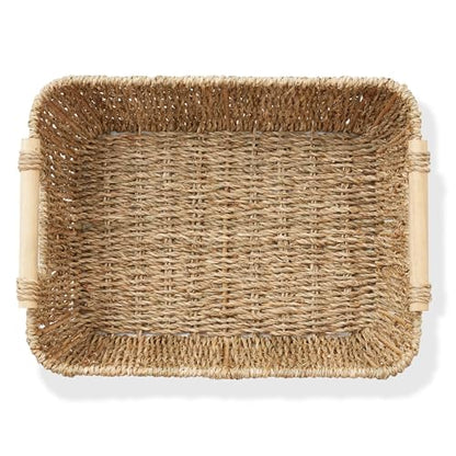 Casafield Set of 2 Seagrass Oval Storage Baskets with Wooden Handles - Large, Woven Bin Organizers
